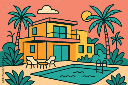 Modern tropical villa with swimming pool and palm trees at sunset