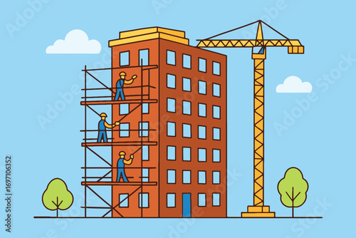 Tall building under construction with crane and workers on scaffolding