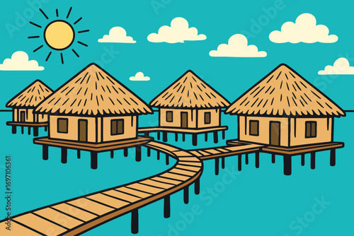 Tropical overwater bungalows on stilts with wooden boardwalk and sun