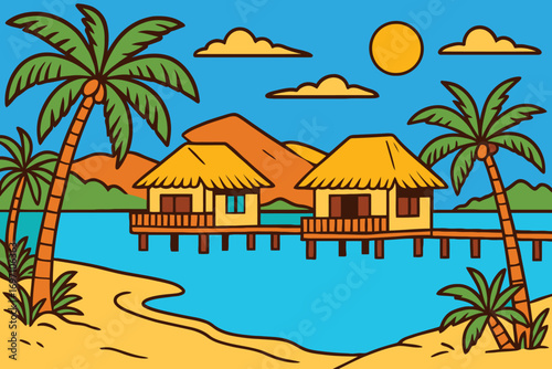 Tropical overwater bungalows on a sandy beach with palm trees