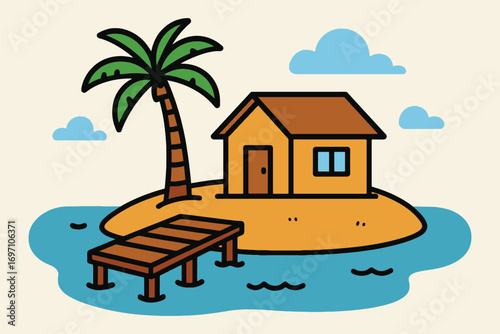 Tropical island hut with palm tree and wooden dock illustration
