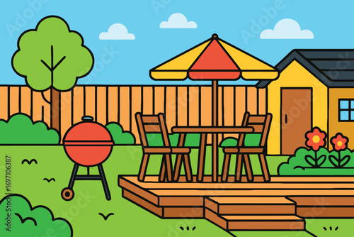 Cozy backyard patio with grill and dining set for outdoor entertaining