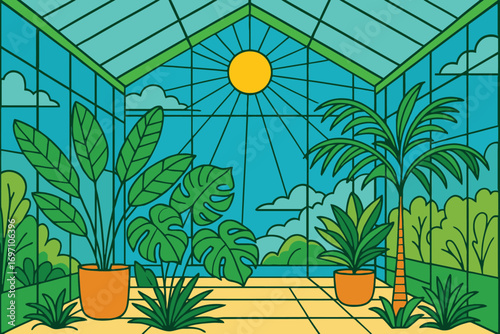 Vibrant greenhouse interior with lush tropical plants and sunlight