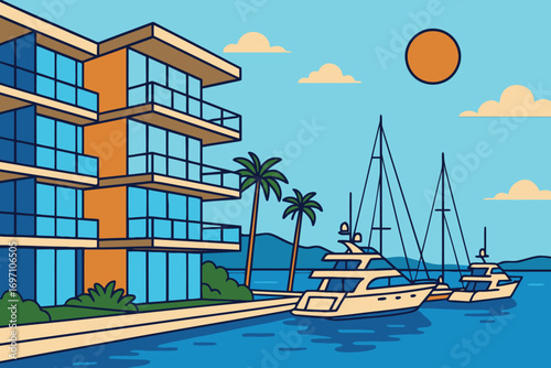 Modern waterfront building with yachts and palm trees under sunny sky