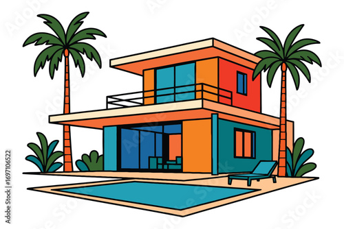 Modern tropical villa with swimming pool and palm trees