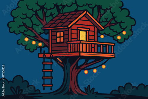 Cozy wooden treehouse illuminated by string lights at dusk