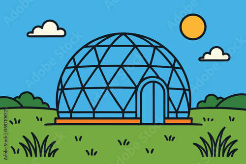 Modern geodesic dome structure in a sunny green field with clouds