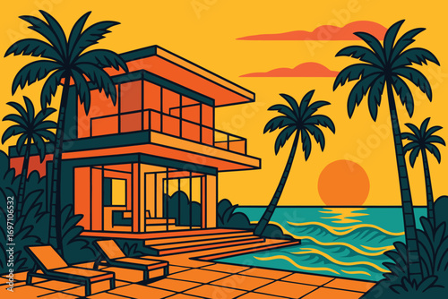Modern tropical villa with pool and ocean sunset view