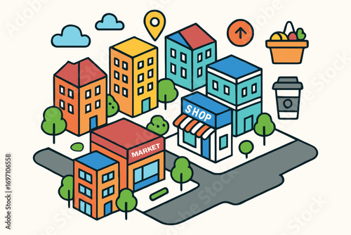 Isometric cartoon city buildings with trees and shops on a street