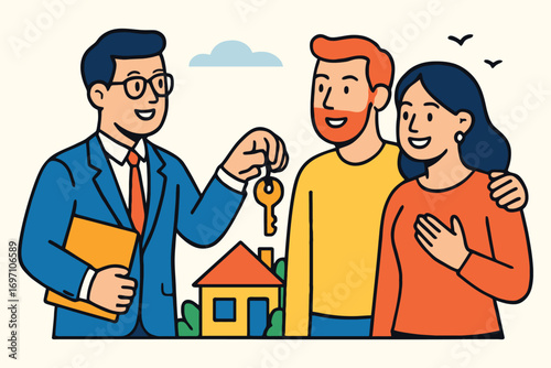 Real estate agent hands keys to happy couple buying new home