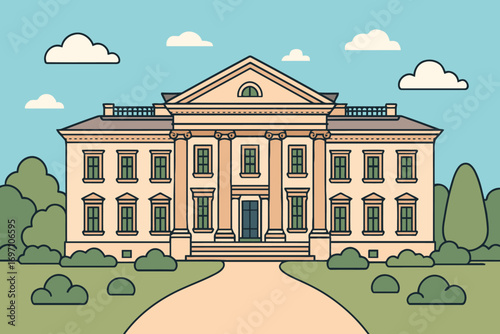 Grand neoclassical mansion with columns and manicured gardens under blue sky