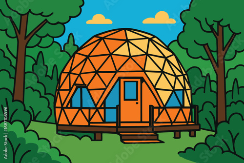 Geodesic dome cabin nestled within a lush green forest clearing