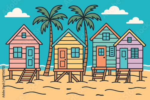 Colorful beach huts stand on stilts with palm trees and ocean waves