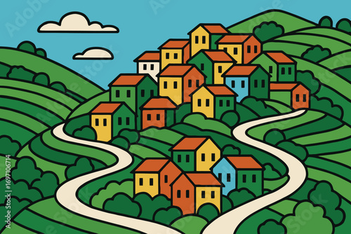 Colorful village nestled on rolling green hills with winding roads