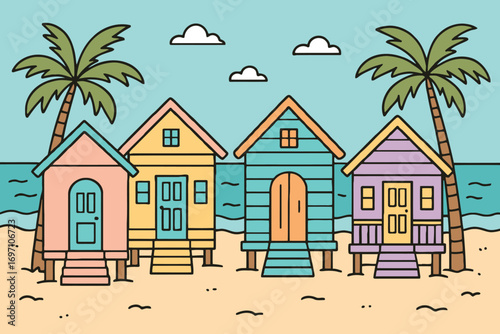 Colorful beach huts stand on a sandy shore with palm trees