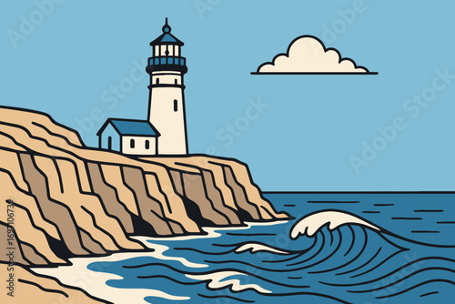 Coastal lighthouse stands tall on rocky cliff overlooking wavy ocean