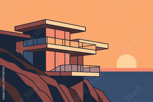 Modern cliffside house overlooking ocean at sunset minimalist style