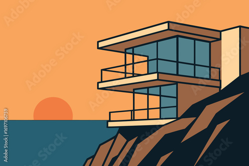 Modern luxury villa perched on a cliff overlooking the ocean at sunset
