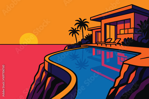Modern cliffside villa with infinity pool overlooking ocean sunset