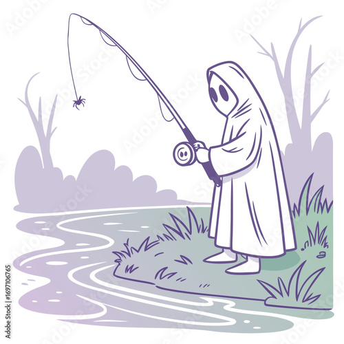 Ghost in a hooded cloak fishing with a spider as bait in a spooky forest vector illustration