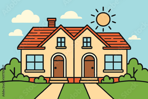 Charming cartoon duplex house with sunny sky and green lawn