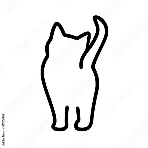 Minimalist black outline cat looking up with tail raised
