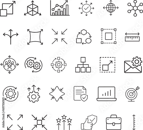 Business Growth and Workflow Process Line Icons – Data, Analytics, Strategy, Management, Expansion, Productivity Vector Set
