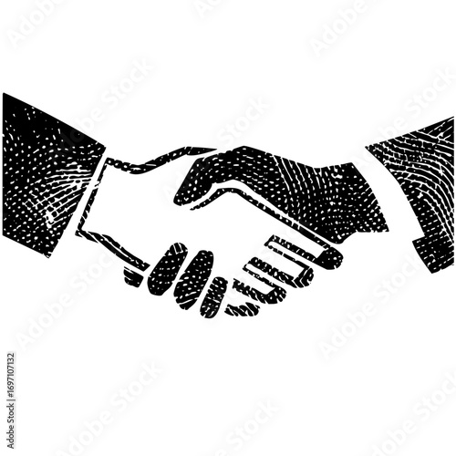 Vector Engraved hands shaking in agreement symbolizing partnership.