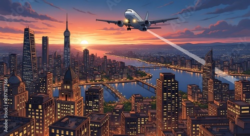 Wallpaper Mural City sunset airplane. Torontodigital.ca