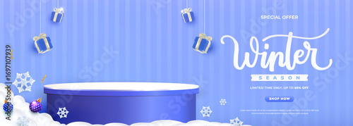 Winter Sale Offer Banner with Snowflakes and Gift Boxes for Holiday Promotions