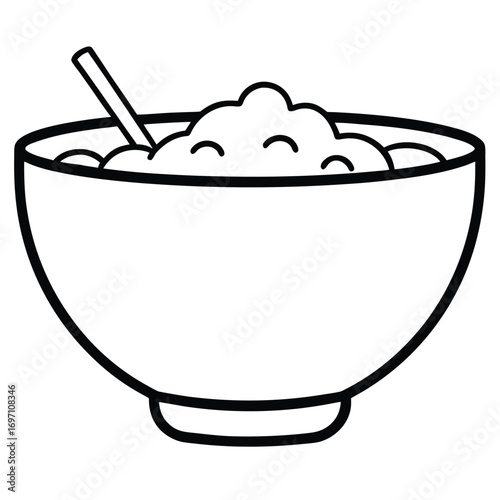 Simple black and white outline drawing of a bowl of cereal with a spoon food breakfast