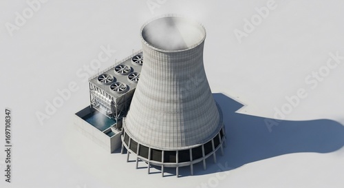Isometric View of a Cooling Tower with Fans and Steam, Isolated