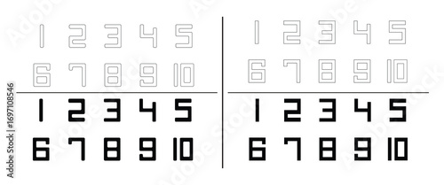 Geometric number set with outline and silhouette styles - rounded and rectangular modern numeric design. Abstract typography for digital, futuristic, and graphic projects on White Background.