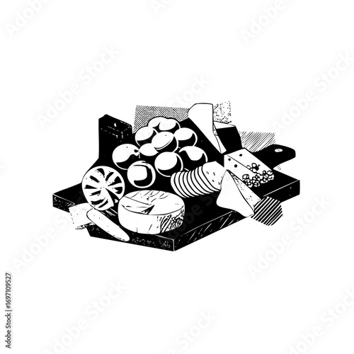 Vector Artistic cheese board with grapes and citrus.