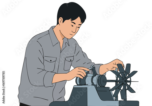 A young Asian man adjusts a turbine, focused on maintenance. Clear, detailed illustration. Suitable for technical or industrial themes.