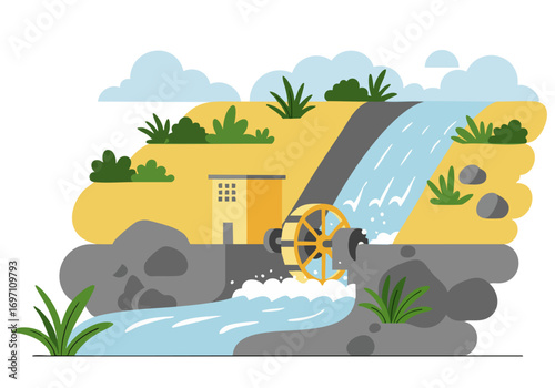 clean power expand illustration depicts a hydroelectric dam with a water wheel showcasing sustainable energy Bright stylized landscape with a waterfall and green foliage