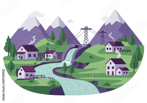 Scenic eco-village nestled beside a river and mountains. Smart homes showcase sustainable living with power lines and a waterfall. A vibrant, modern illustration.