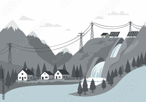 Rural power shines! A picturesque landscape showcases a hydroelectric dam and solar panels powering a small village. Clean lines and a modern aesthetic create a visually appealing scene.