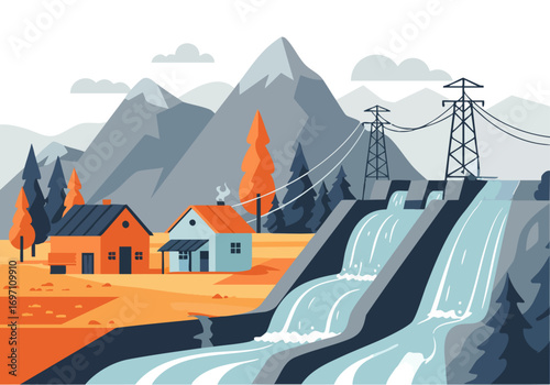Scenic hydroelectric dam landscape with a rural cottage and flowing water. Modern illustration style, showcasing power and nature harmony. Ideal for environmental or energy themes.