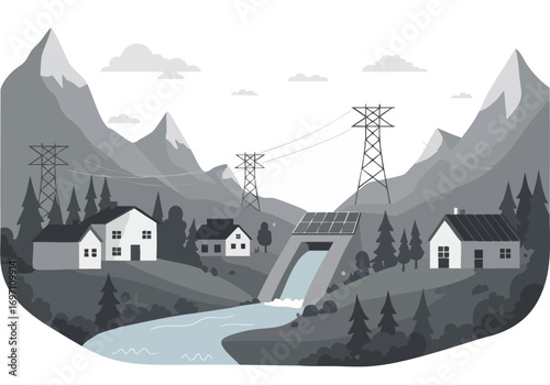 Rural landscape showcases sustainable power generation. A dam provides electricity to a small community nestled amongst mountains. A modern, clean aesthetic highlights rural resilience.