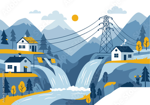 Scenic landscape featuring hydroelectric dam mountains and rural homes A vibrant stylized illustration evokes a sense of tranquility and sustainable energy