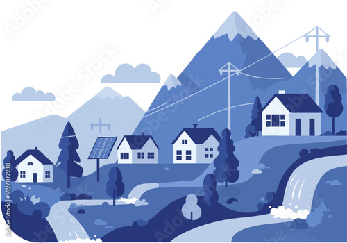 serene mountain village scene with charming houses solar panels and a flowing stream  Evokes a sense of tranquility and sustainable living  Perfect for nature home and eco-friendly themes