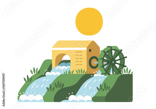 stylized illustration depicts a charming water mill nestled amidst a flowing river and lush greenery  A bright sun adds a cheerful touch  Ideal for nature sustainability and eco-friendly themes