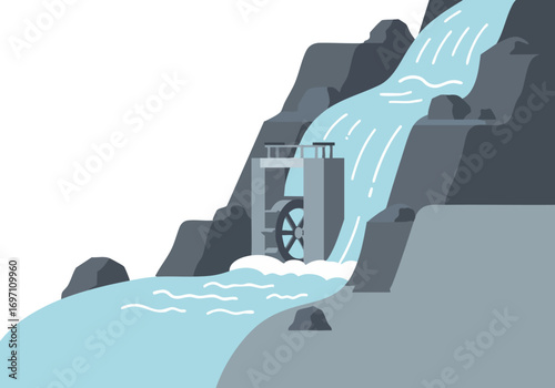 Stream power illustration depicts a waterfall powering a turbine. A clean, modern design showcases renewable energy. Ideal for environmental or technology visuals.