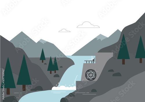 A stylized illustration depicts a hydroelectric dam harnessing stream energy amidst a scenic mountain landscape. Clean lines and muted colors create a modern, inviting visual.