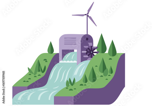 A stylized illustration depicts a hydroelectric dam integrated into a natural landscape, showcasing sustainable energy. Clean lines and vibrant colors highlight eco-growth.
