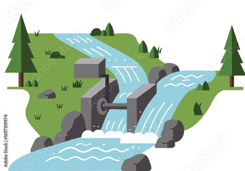 A stylized illustration depicts a hydroelectric dam harnessing power from a flowing river and lush green landscape. Clean lines and a modern aesthetic create a visually appealing scene.