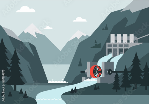 A stylized illustration depicts a hydroelectric dam nestled within a mountainous landscape. A clear stream flows, showcasing a 'Backup Stream' element. Modern, graphic style.