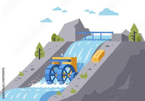 stylized illustration depicts a hydroelectric dam with a water wheel showcasing active water technology The scene features a flowing river and mountainous backdrop