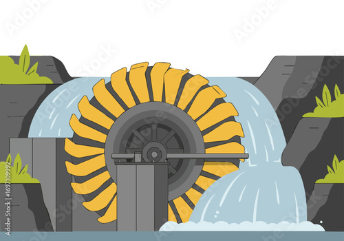 stylized illustration depicts a hydropower turbine generating power from a waterfall Clean lines and a modern aesthetic create a visually appealing and informative graphic